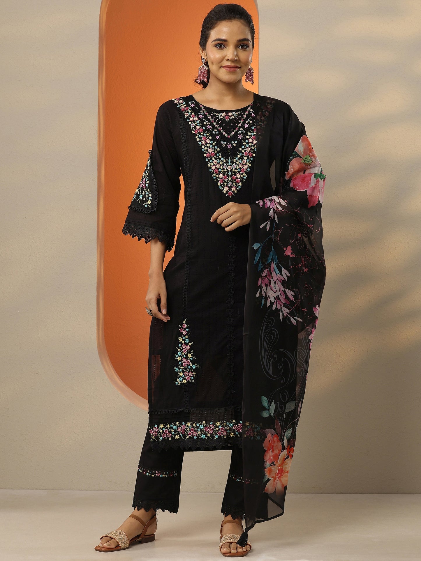 Black Embroidered Cotton Straight Suit Set With Dupatta