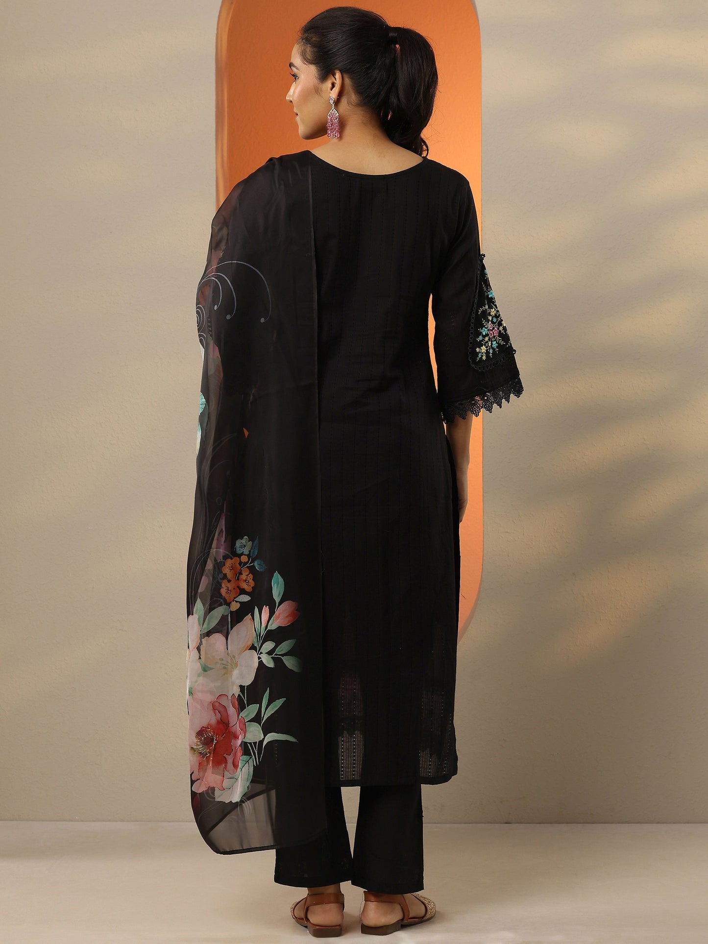 Black Embroidered Cotton Straight Suit Set With Dupatta
