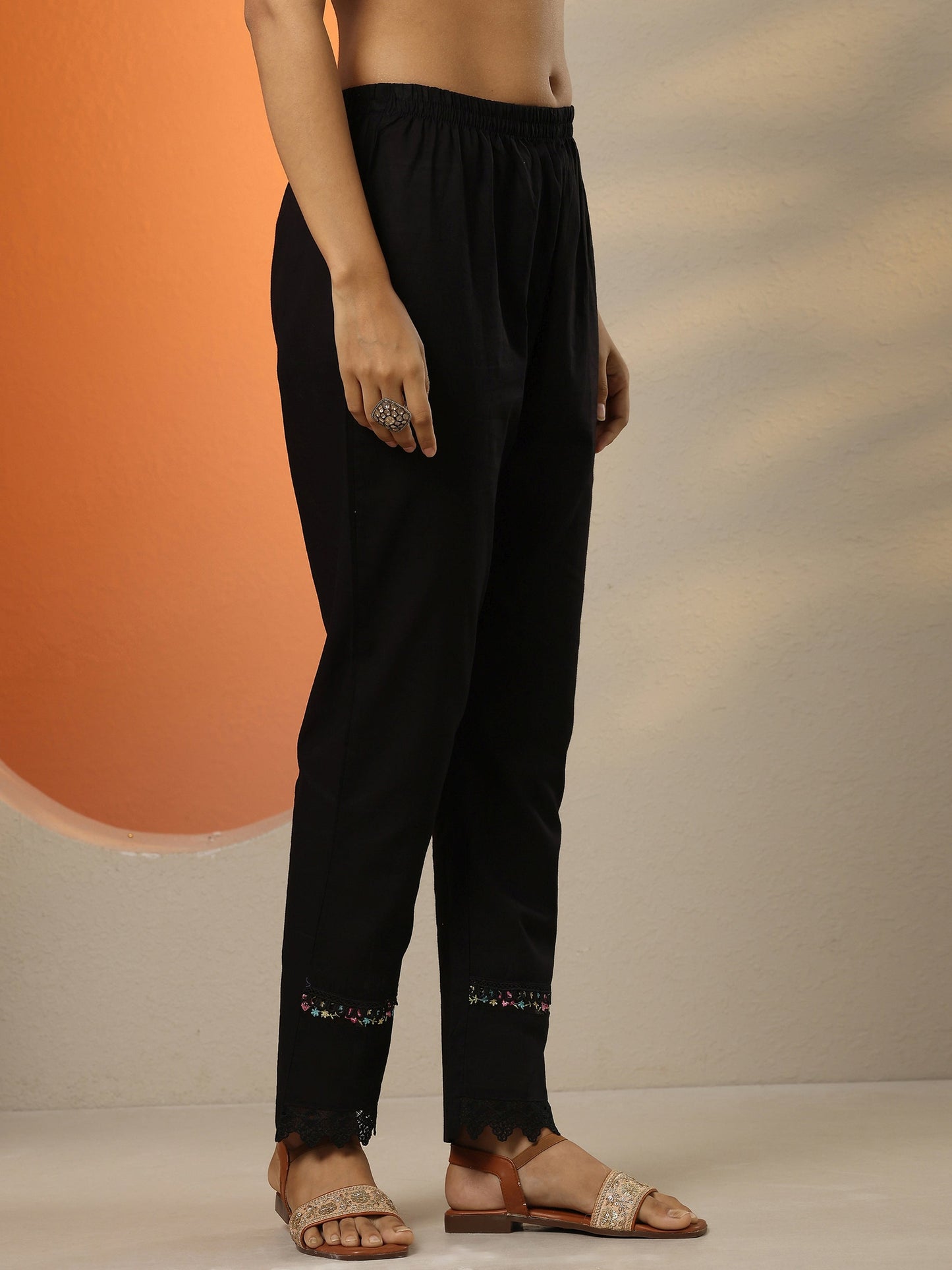 Black Embroidered Cotton Straight Suit Set With Dupatta