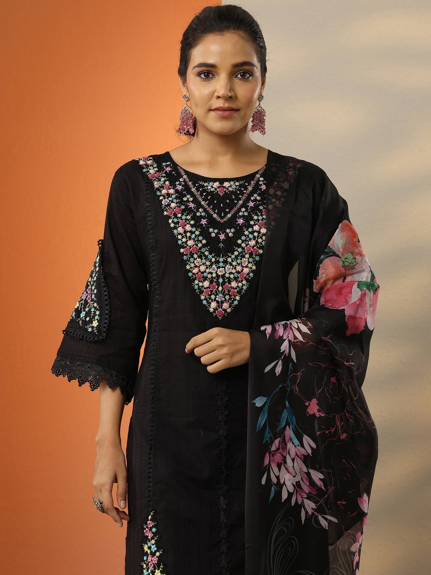 Black Embroidered Cotton Straight Suit Set With Dupatta