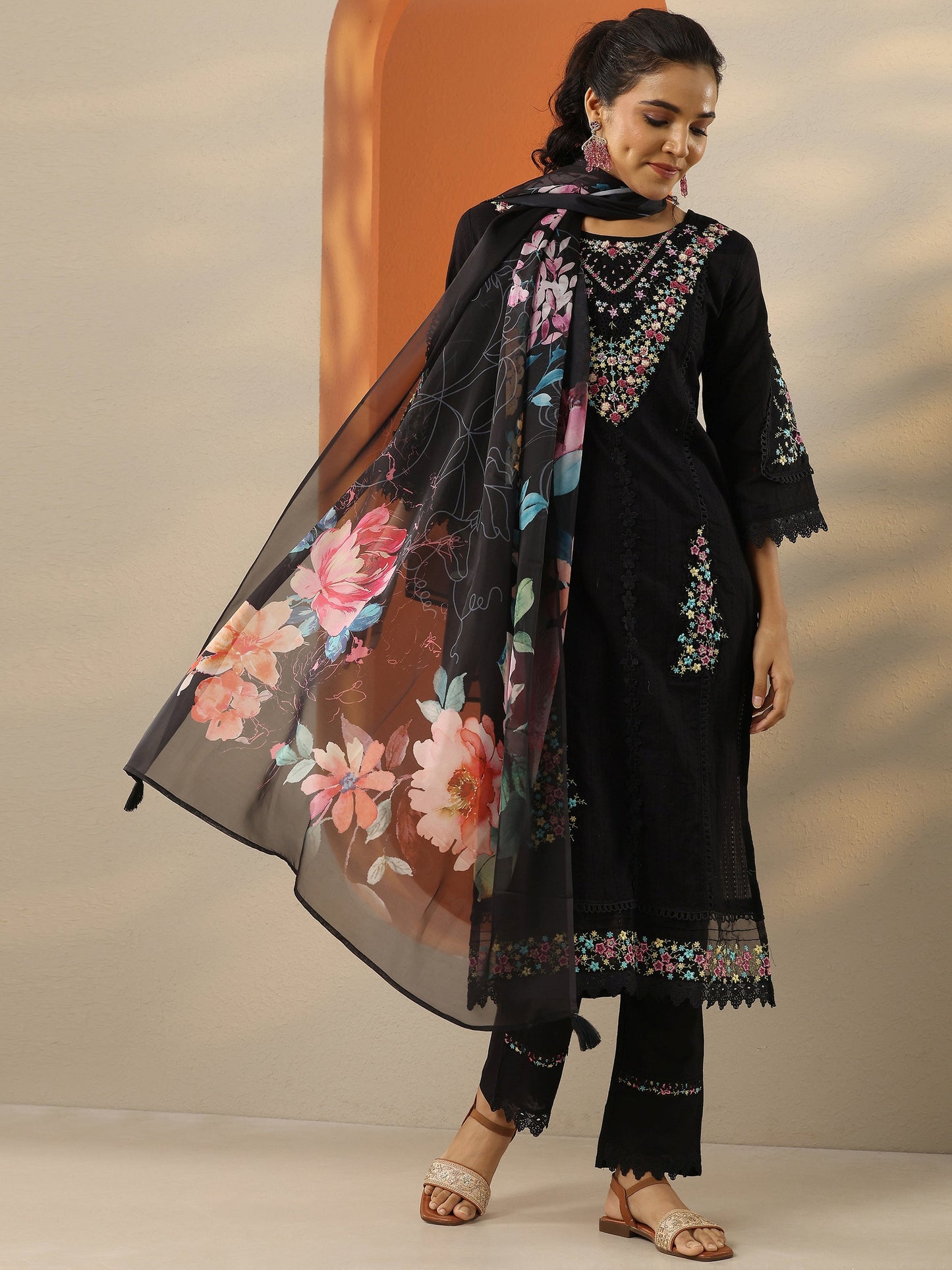 Black Embroidered Cotton Straight Suit Set With Dupatta