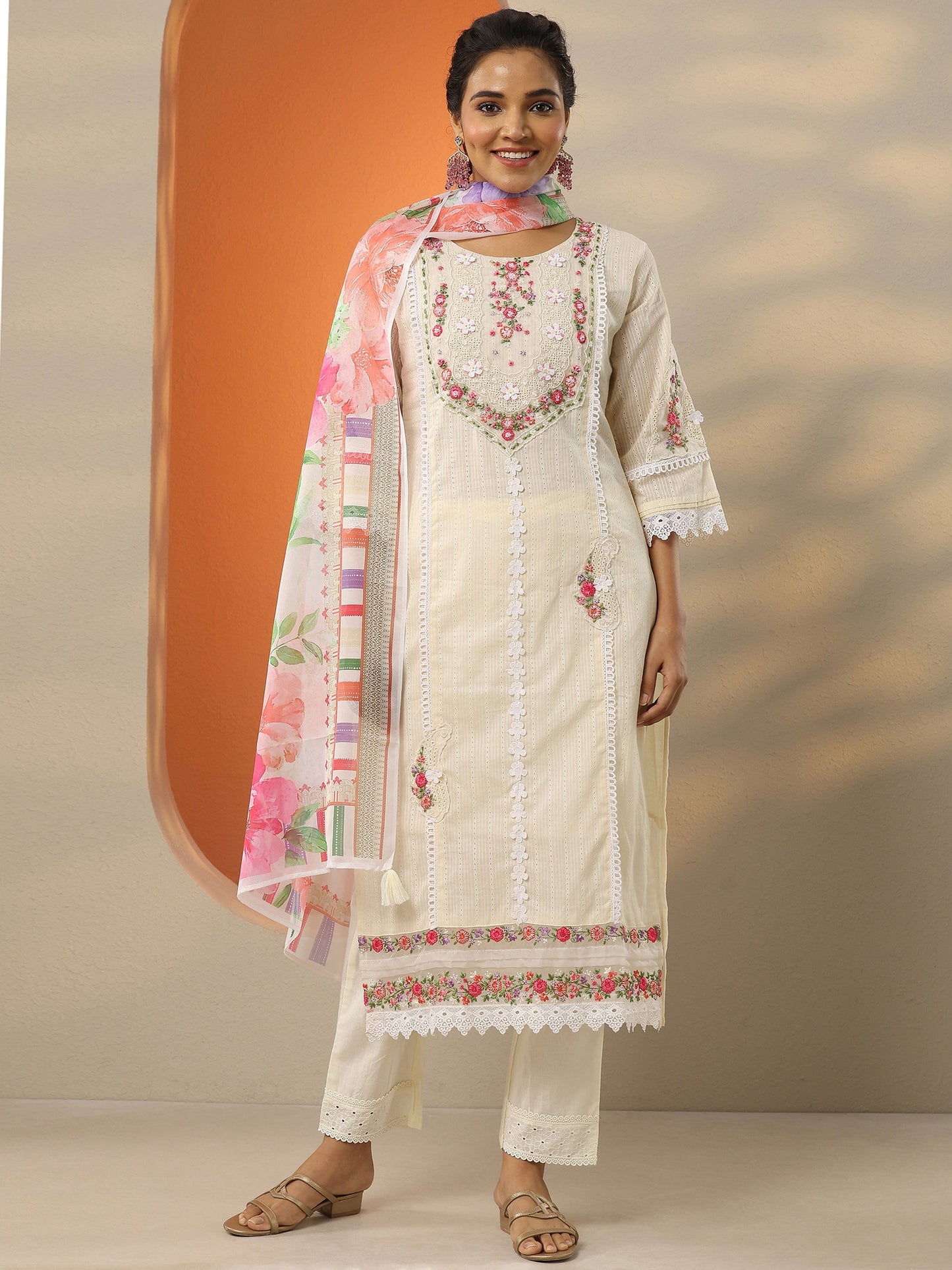 Off White Embroidered Cotton Straight Suit Set With Dupatta