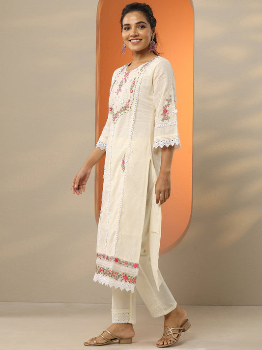 Off White Embroidered Cotton Straight Suit Set With Dupatta