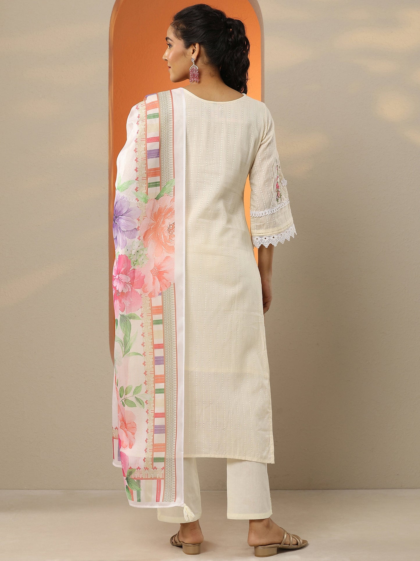 Off White Embroidered Cotton Straight Suit Set With Dupatta