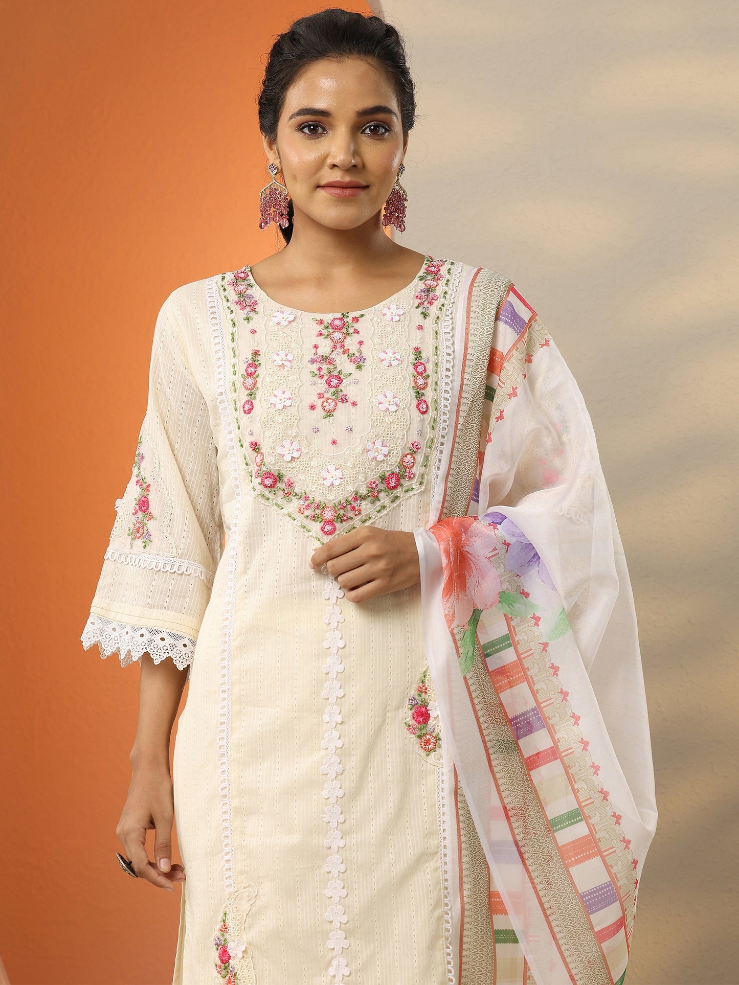 Off White Embroidered Cotton Straight Suit Set With Dupatta