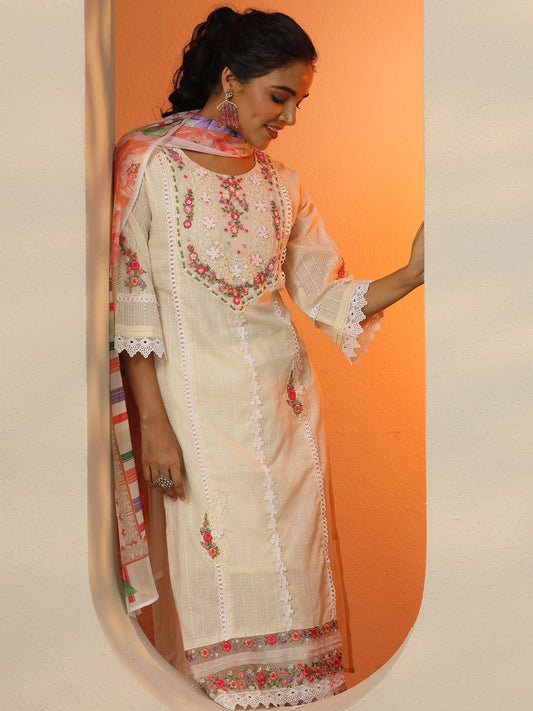 Off White Embroidered Cotton Straight Suit Set With Dupatta