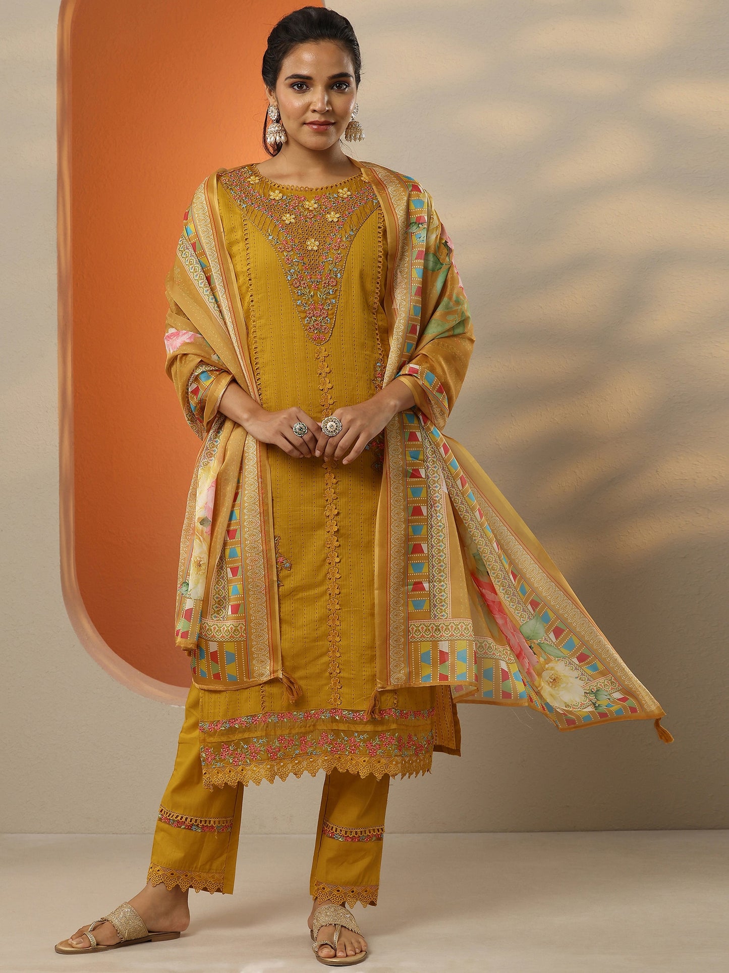 Mustard Embroidered Cotton Straight Suit Set With Dupatta