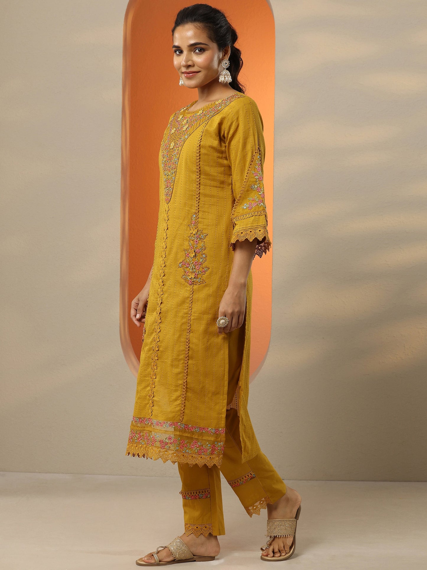 Mustard Embroidered Cotton Straight Suit Set With Dupatta