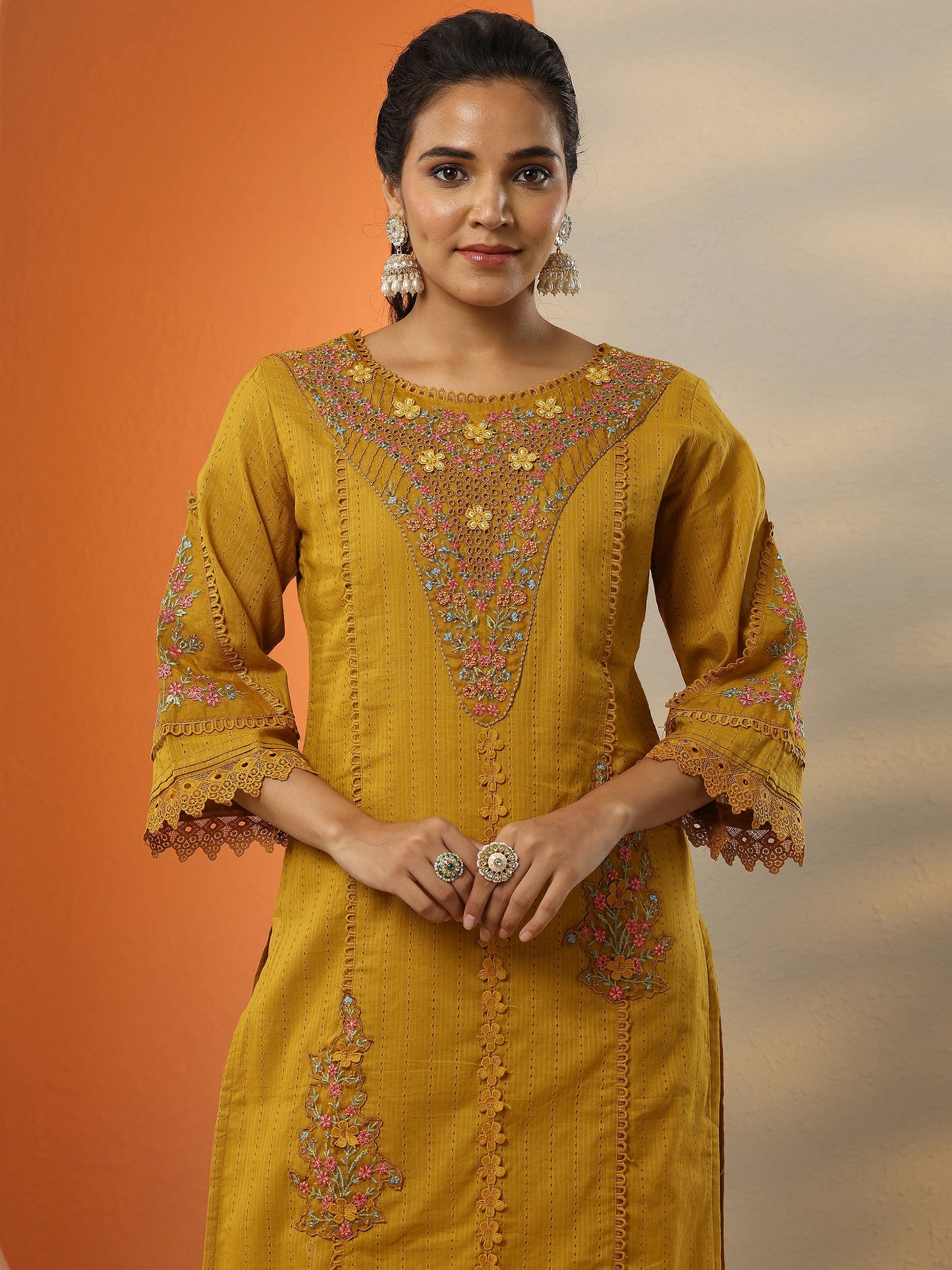Mustard Embroidered Cotton Straight Suit Set With Dupatta