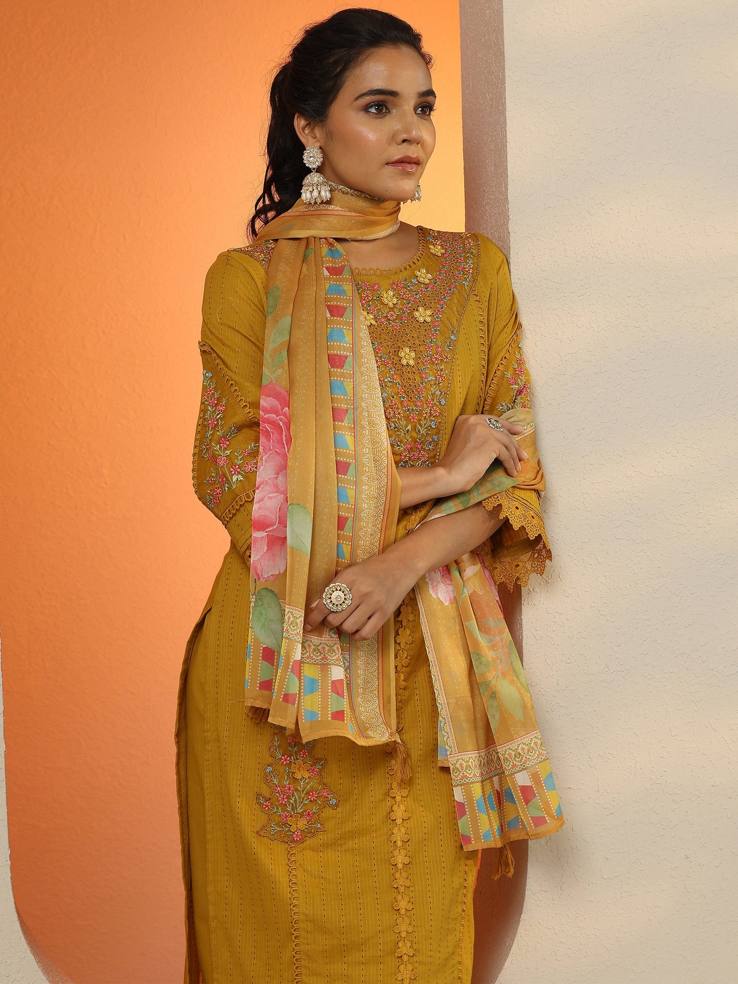 Mustard Embroidered Cotton Straight Suit Set With Dupatta