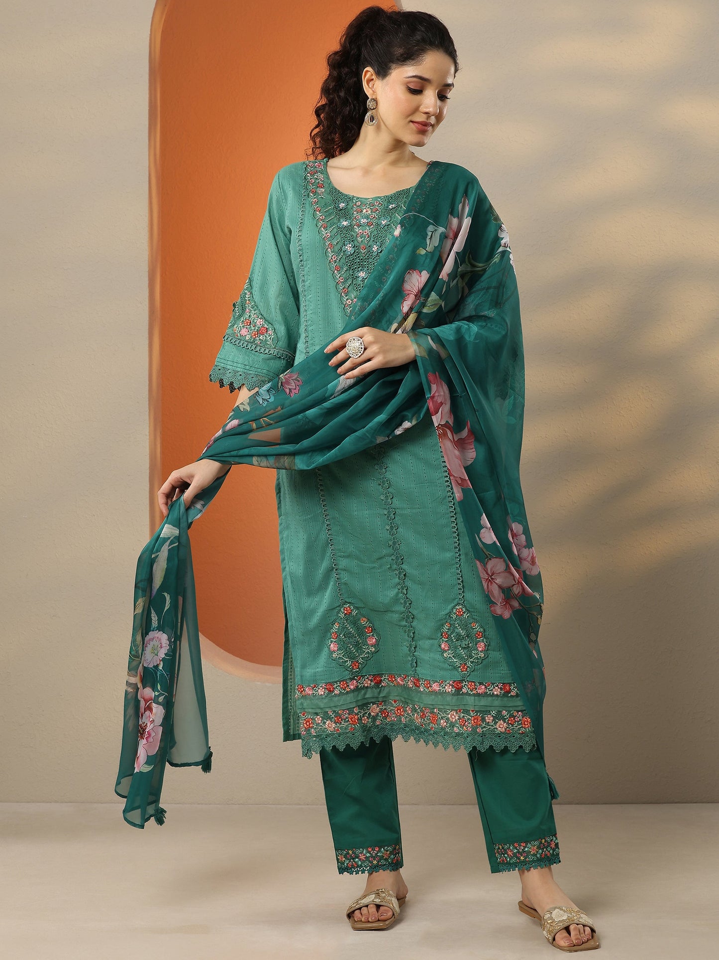 Green Embroidered Cotton Straight Suit Set With Dupatta