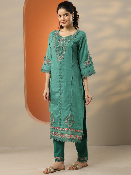 Green Embroidered Cotton Straight Suit Set With Dupatta