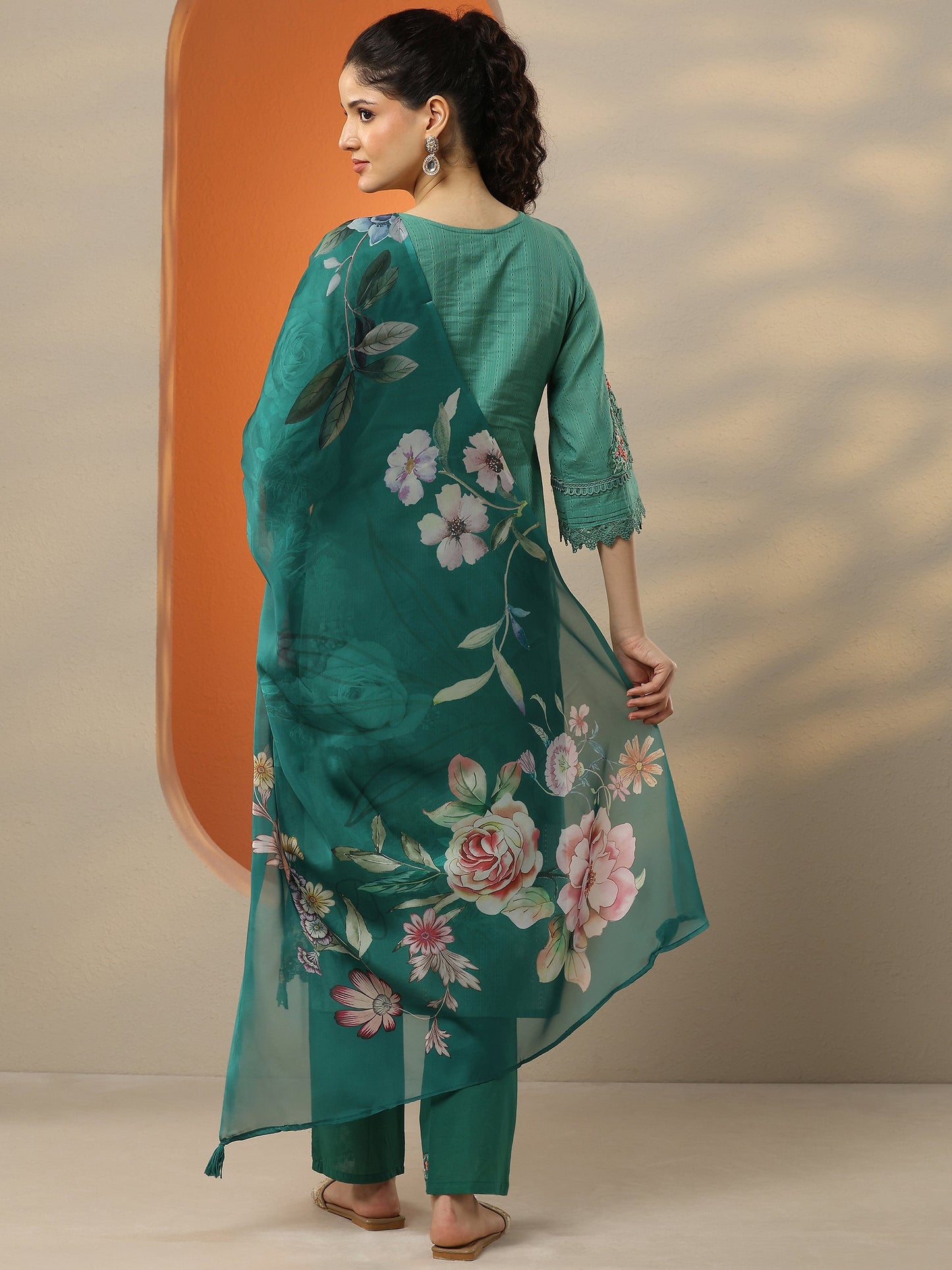 Green Embroidered Cotton Straight Suit Set With Dupatta