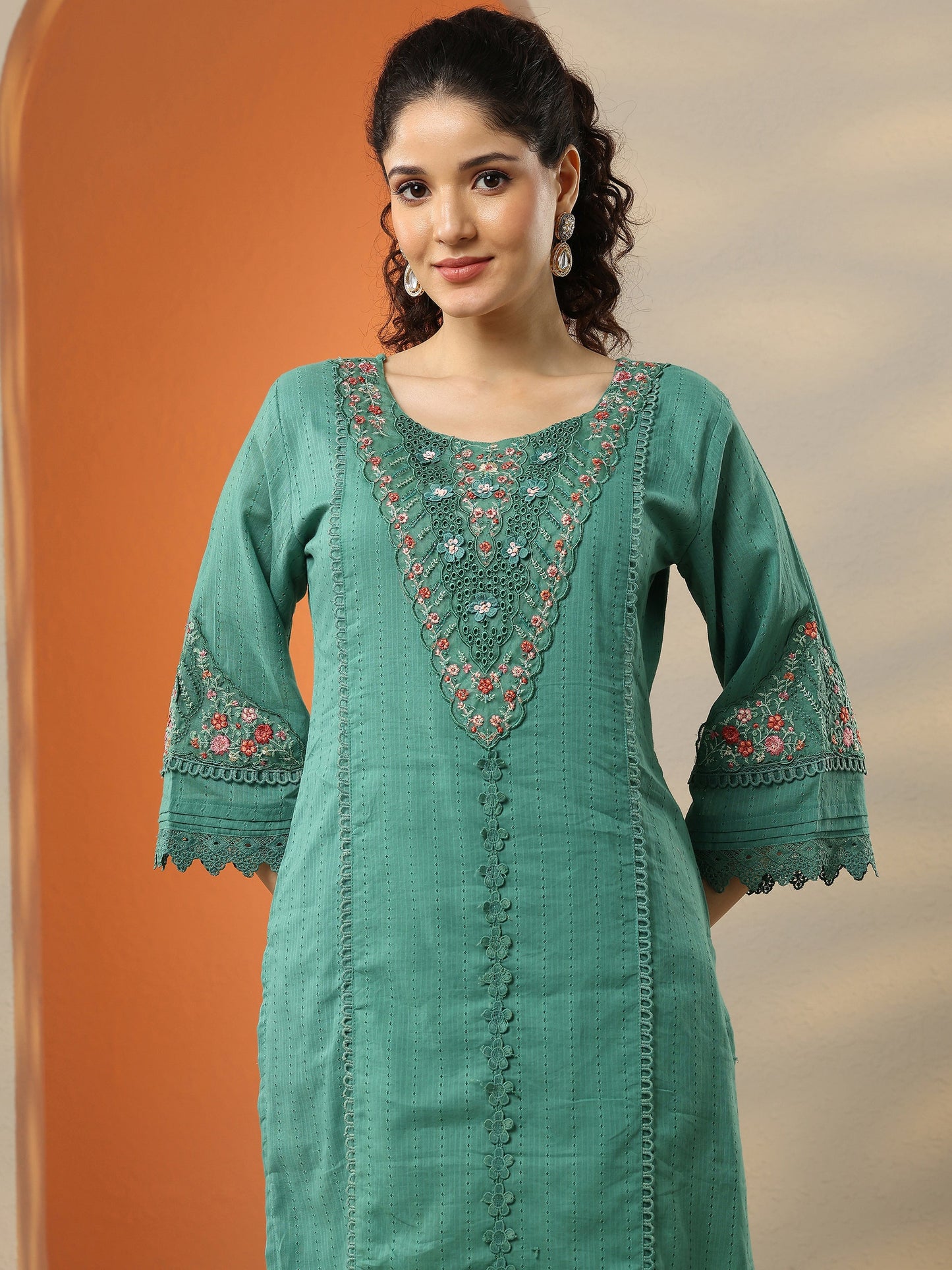 Green Embroidered Cotton Straight Suit Set With Dupatta