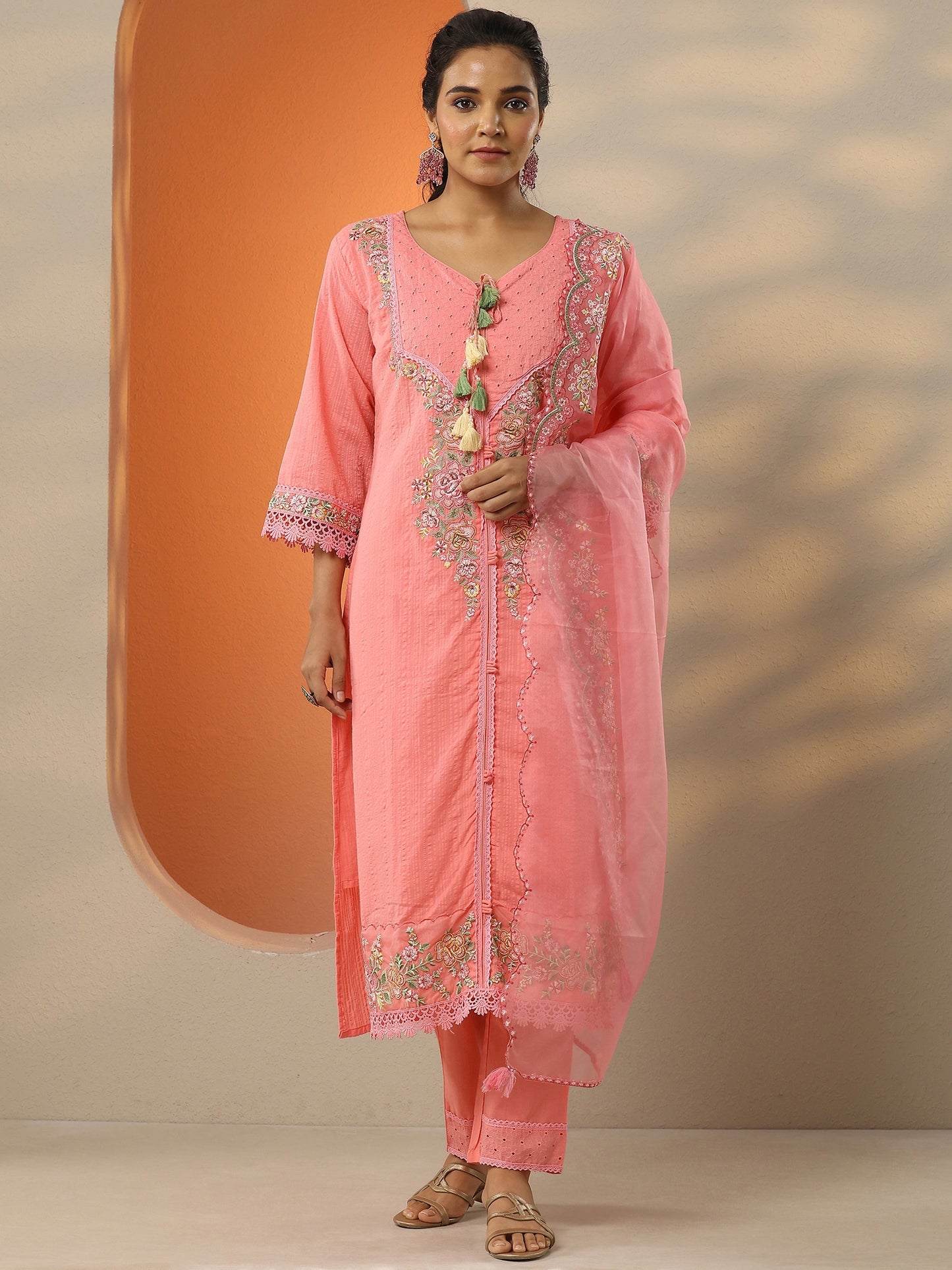 Coral Embroidered Cotton Straight Suit Set With Dupatta