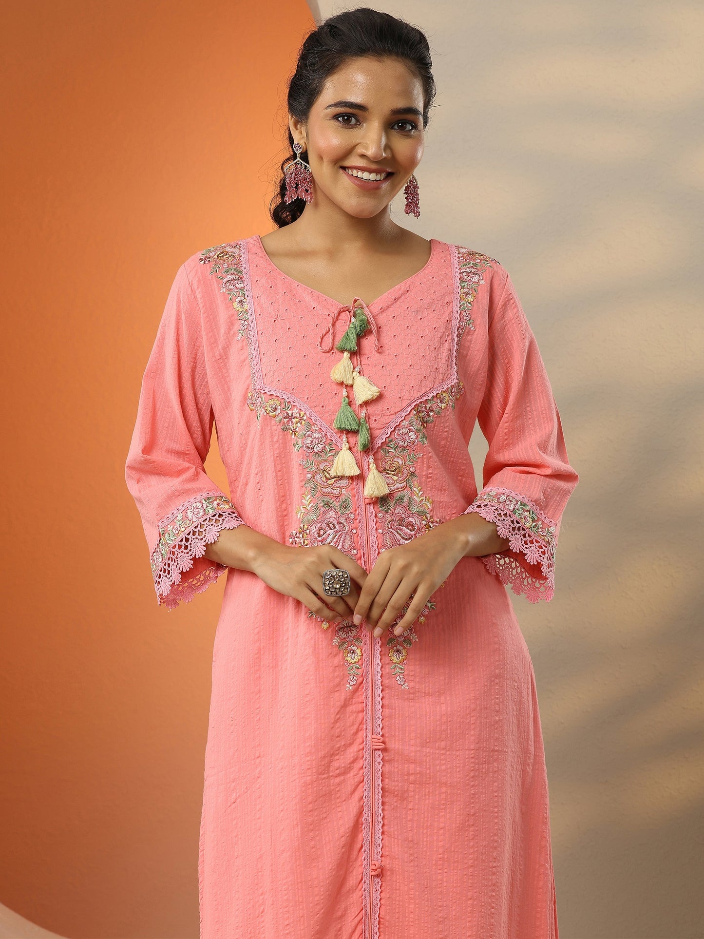 Coral Embroidered Cotton Straight Suit Set With Dupatta