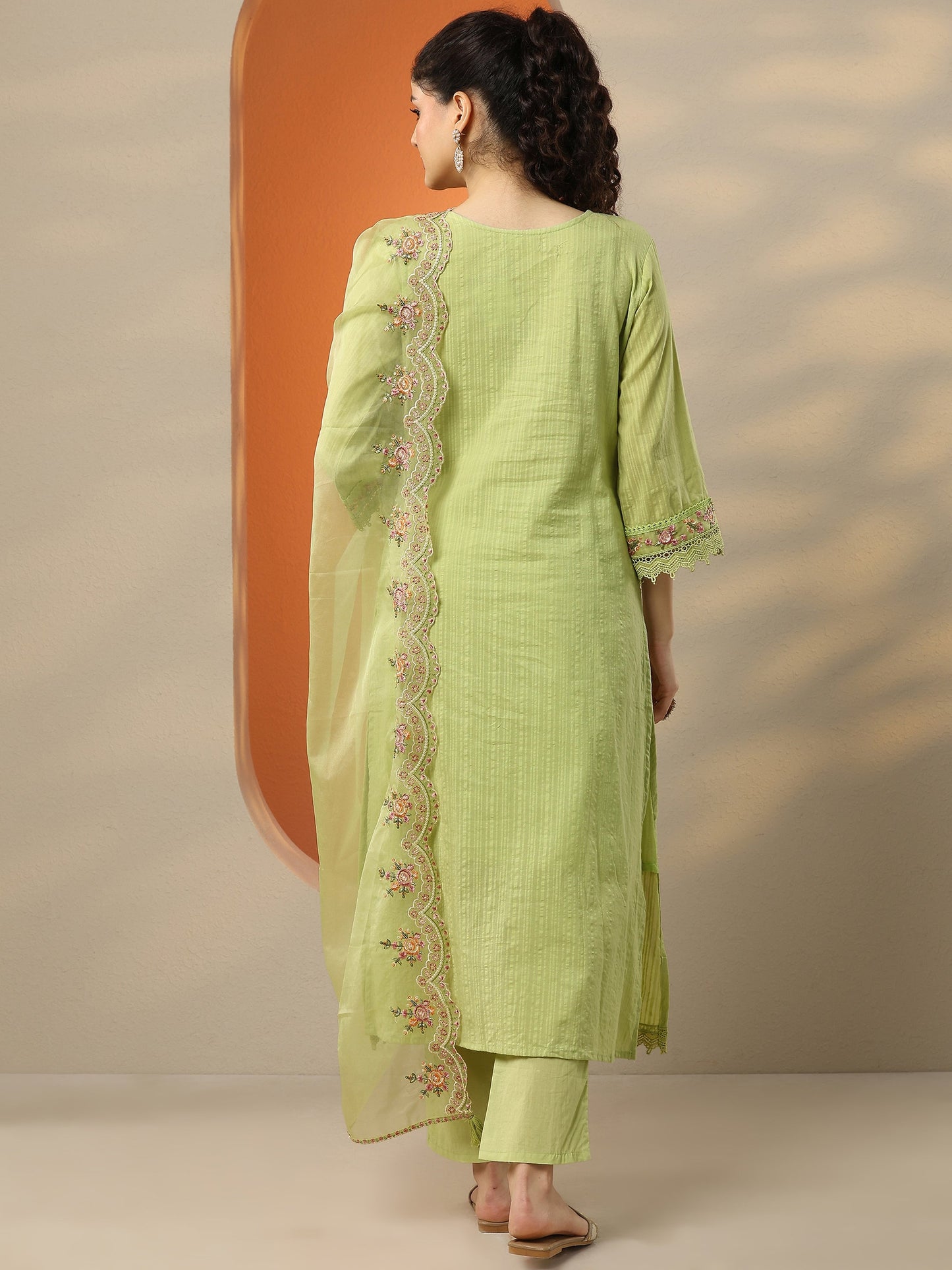 Green Embroidered Cotton Straight Suit Set With Dupatta
