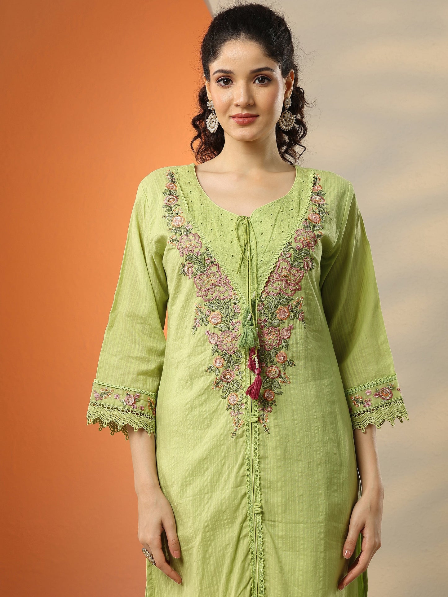 Green Embroidered Cotton Straight Suit Set With Dupatta