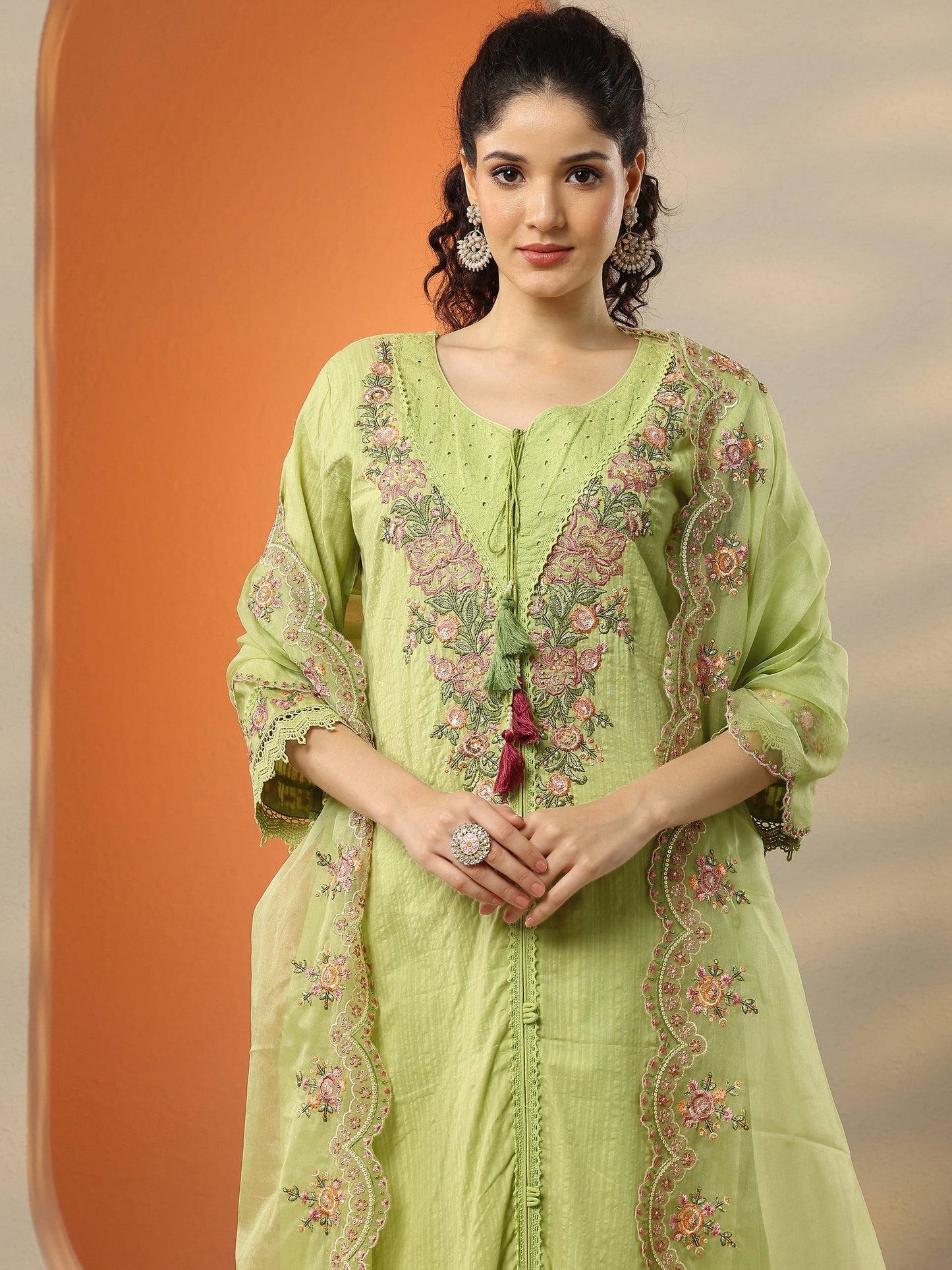 Green Embroidered Cotton Straight Suit Set With Dupatta