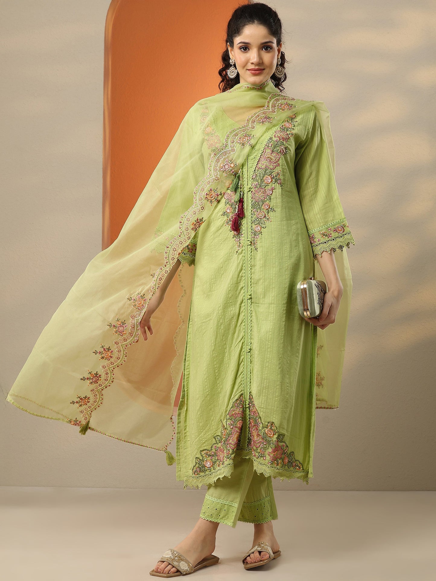 Green Embroidered Cotton Straight Suit Set With Dupatta
