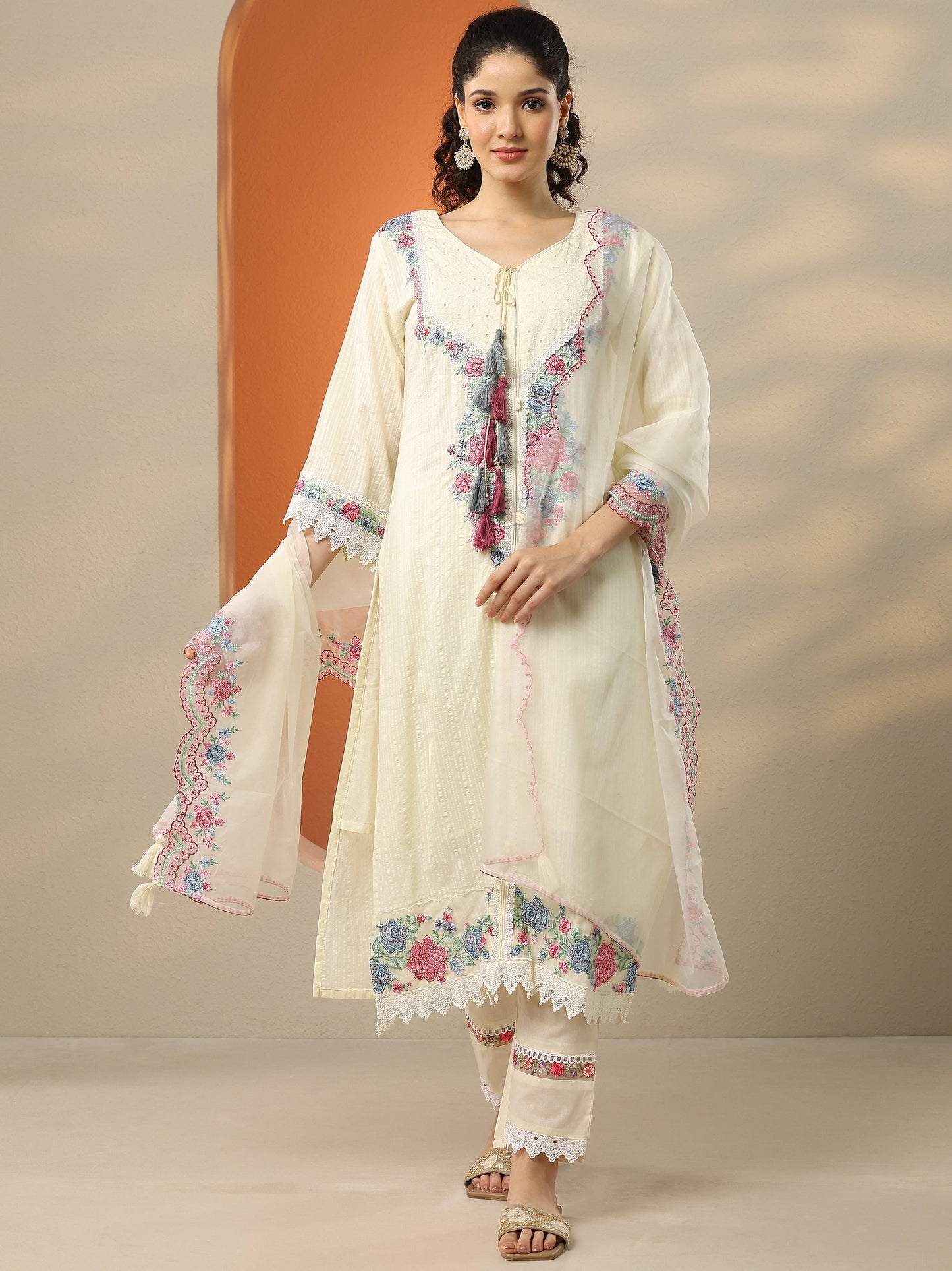 Off White Embroidered Cotton Straight Suit Set With Dupatta