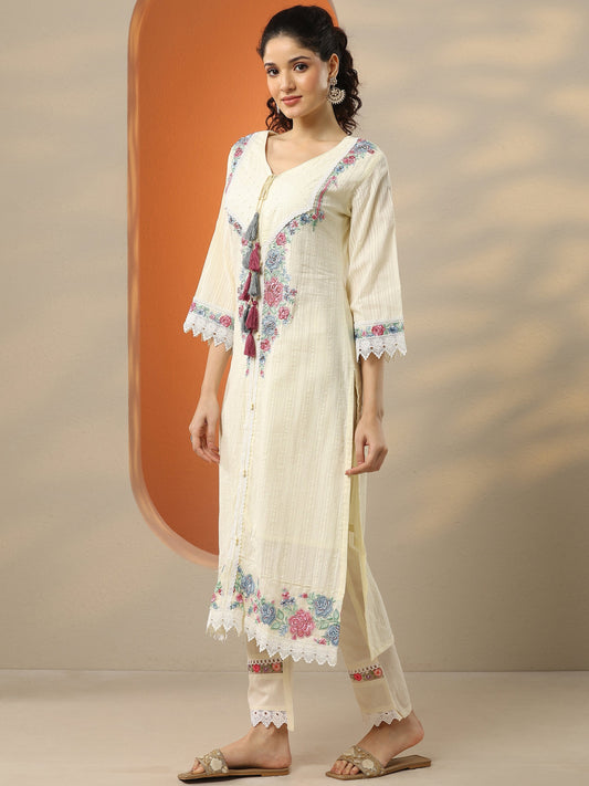 Off White Embroidered Cotton Straight Suit Set With Dupatta