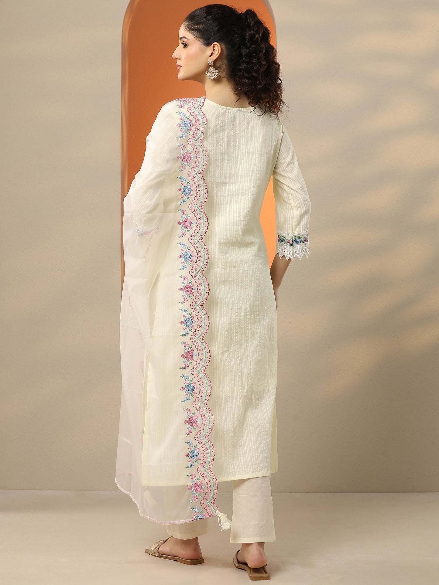 Off White Embroidered Cotton Straight Suit Set With Dupatta