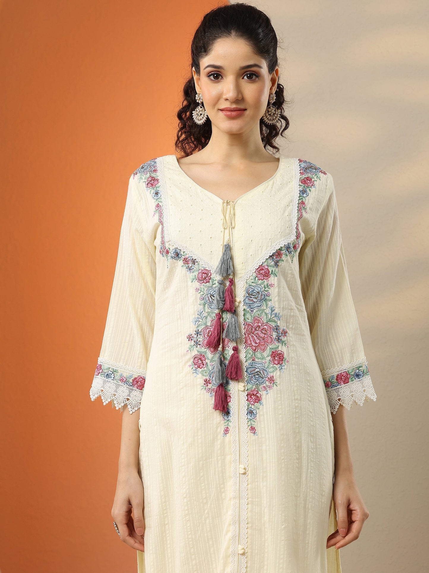 Off White Embroidered Cotton Straight Suit Set With Dupatta