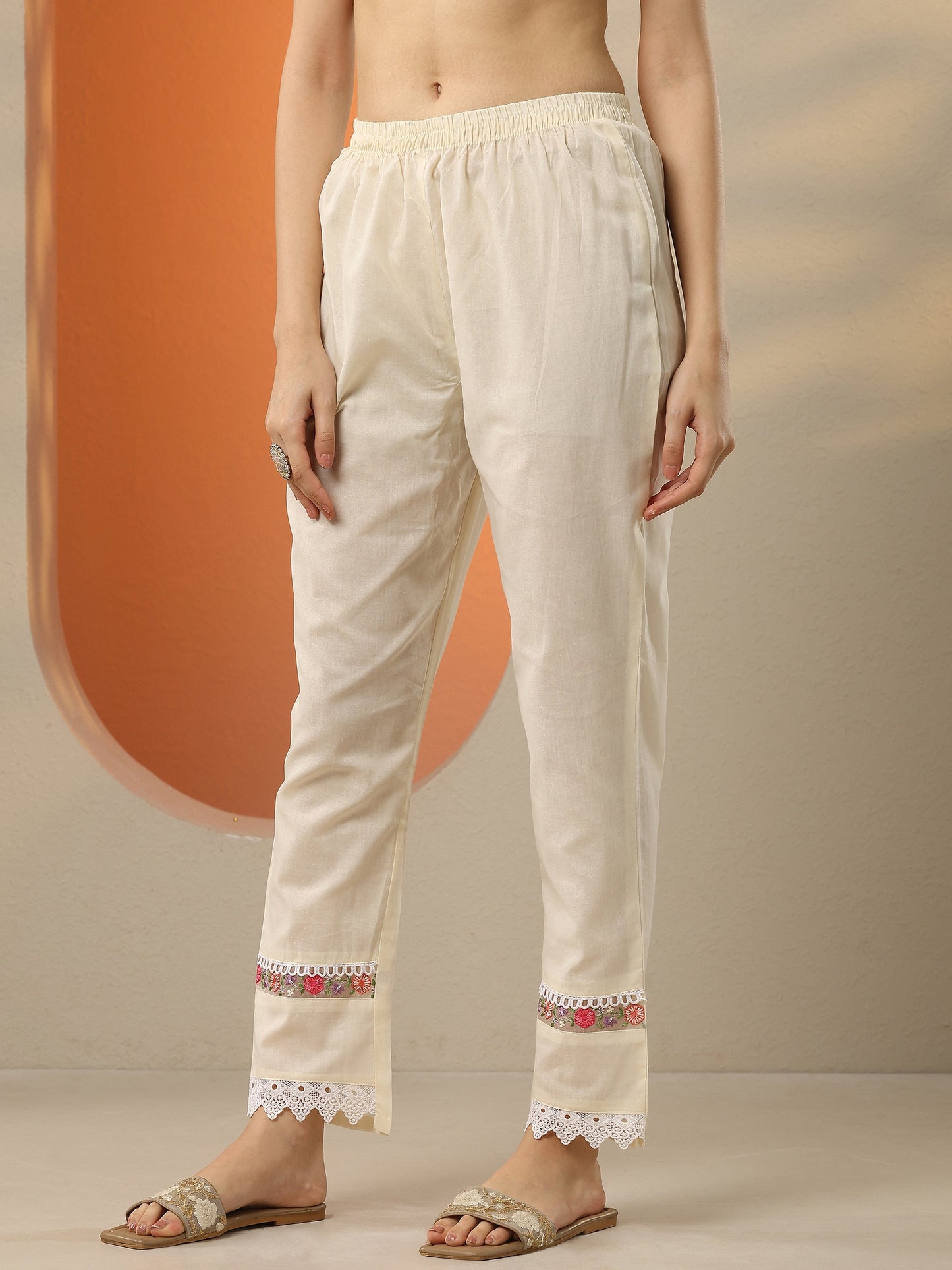 Off White Embroidered Cotton Straight Suit Set With Dupatta