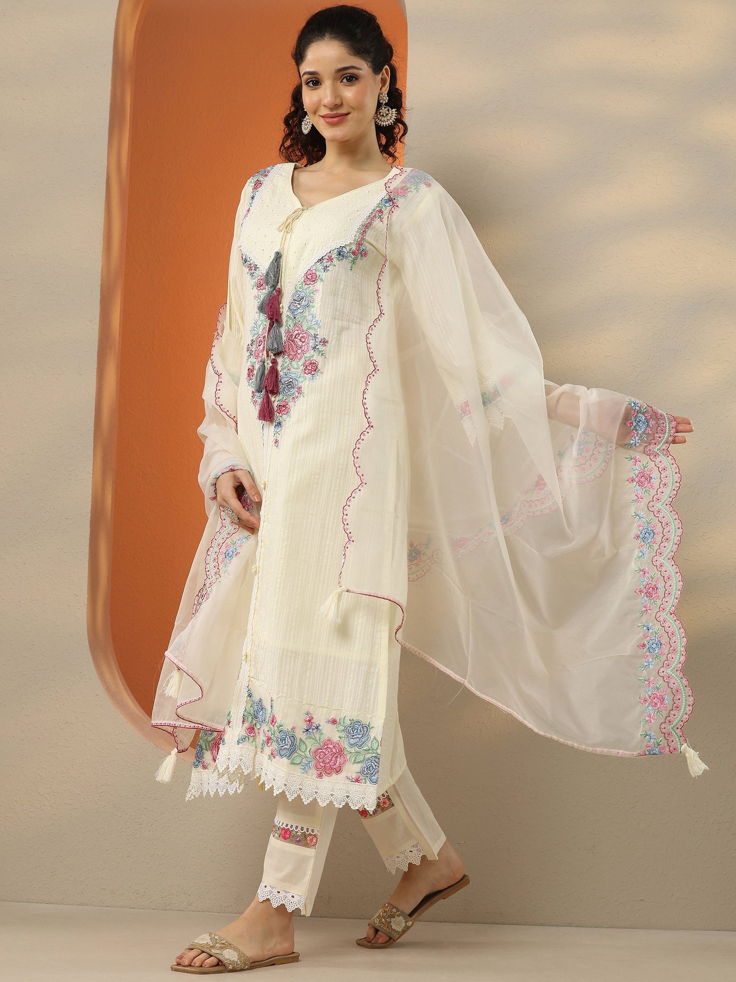 Off White Embroidered Cotton Straight Suit Set With Dupatta