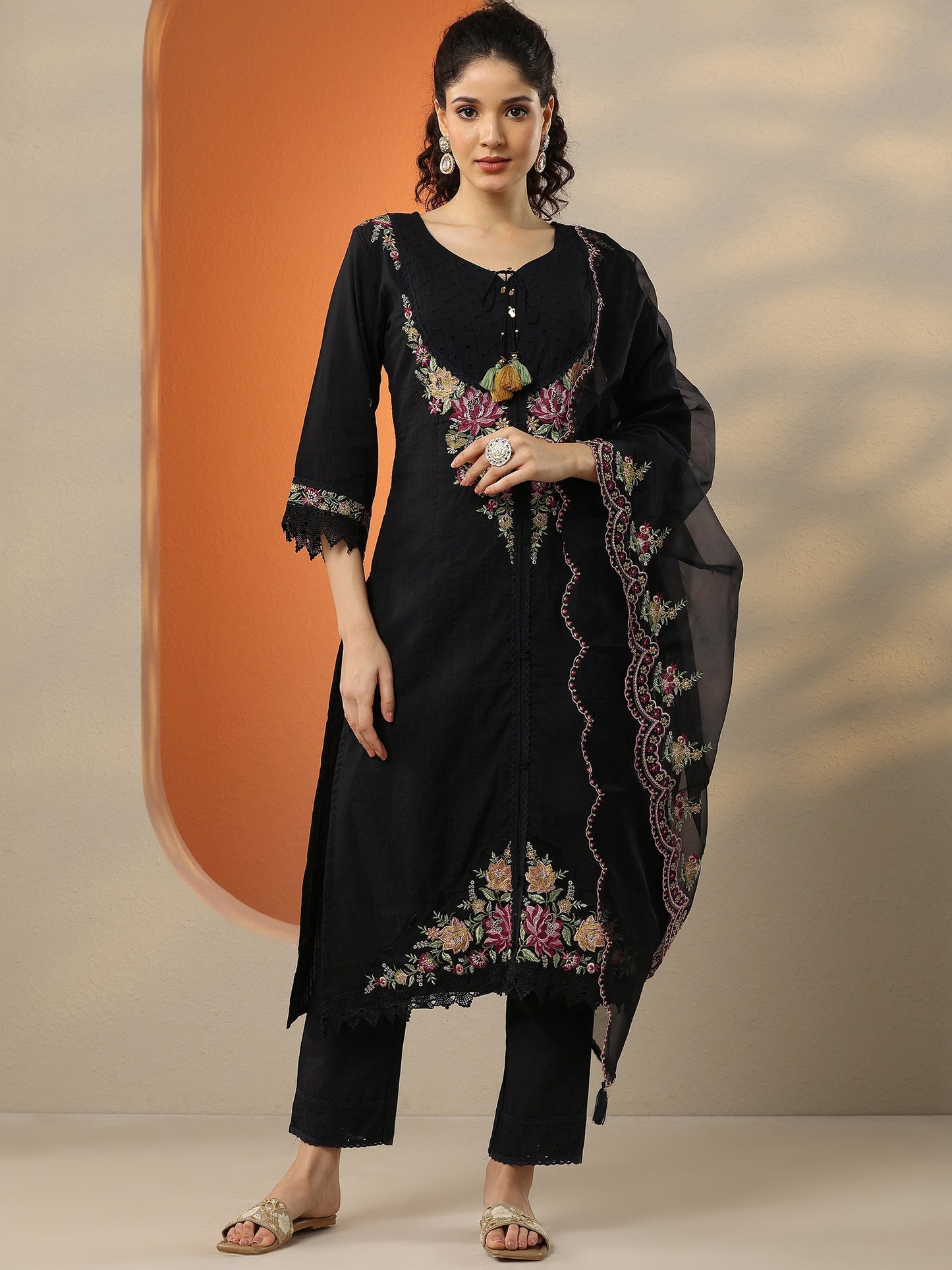 Black Embroidered Cotton Straight Suit Set With Dupatta