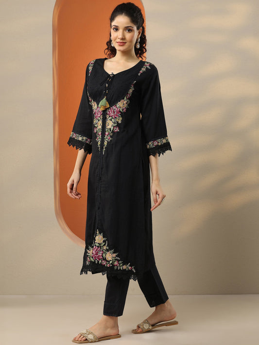 Black Embroidered Cotton Straight Suit Set With Dupatta