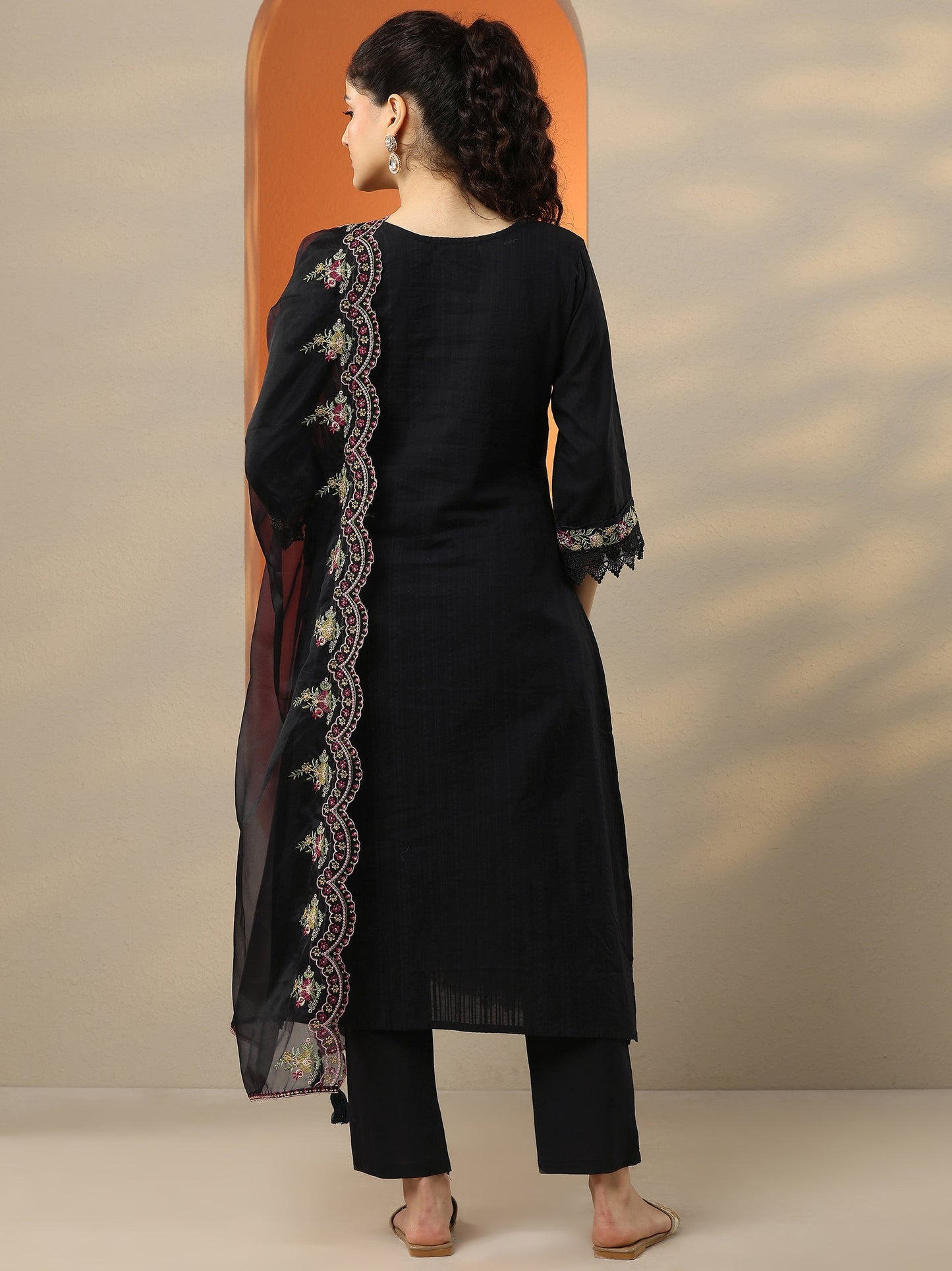 Black Embroidered Cotton Straight Suit Set With Dupatta