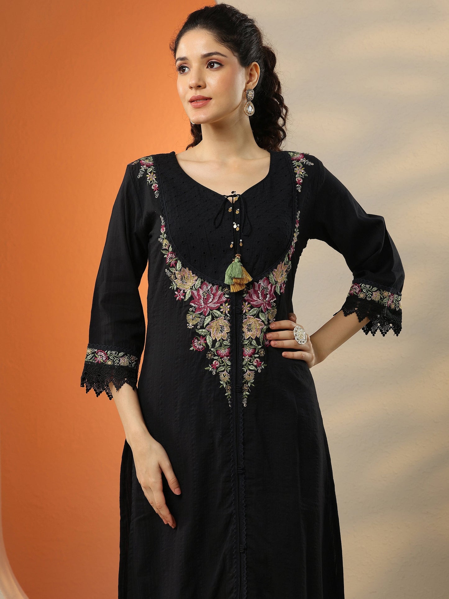 Black Embroidered Cotton Straight Suit Set With Dupatta
