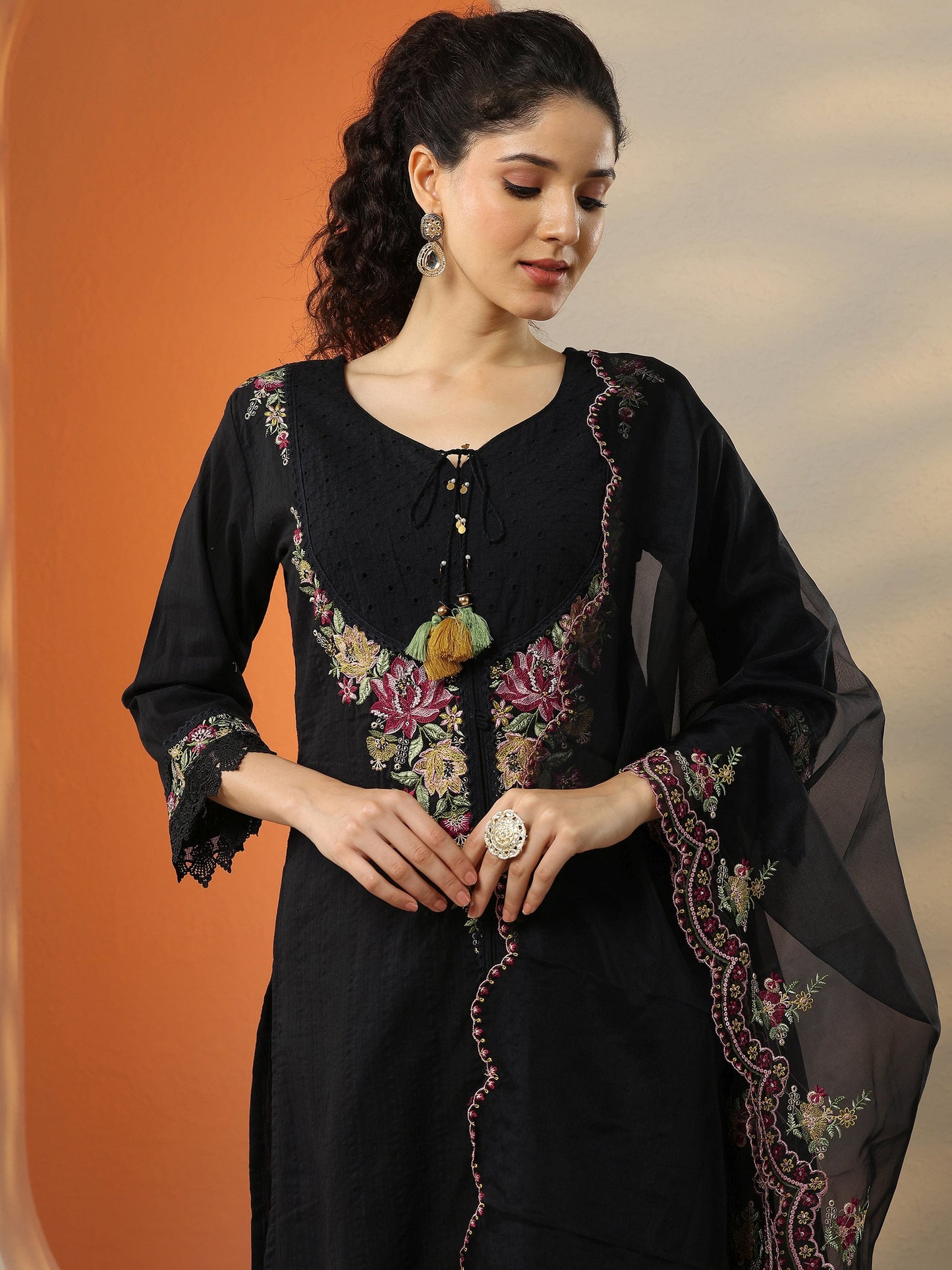 Black Embroidered Cotton Straight Suit Set With Dupatta