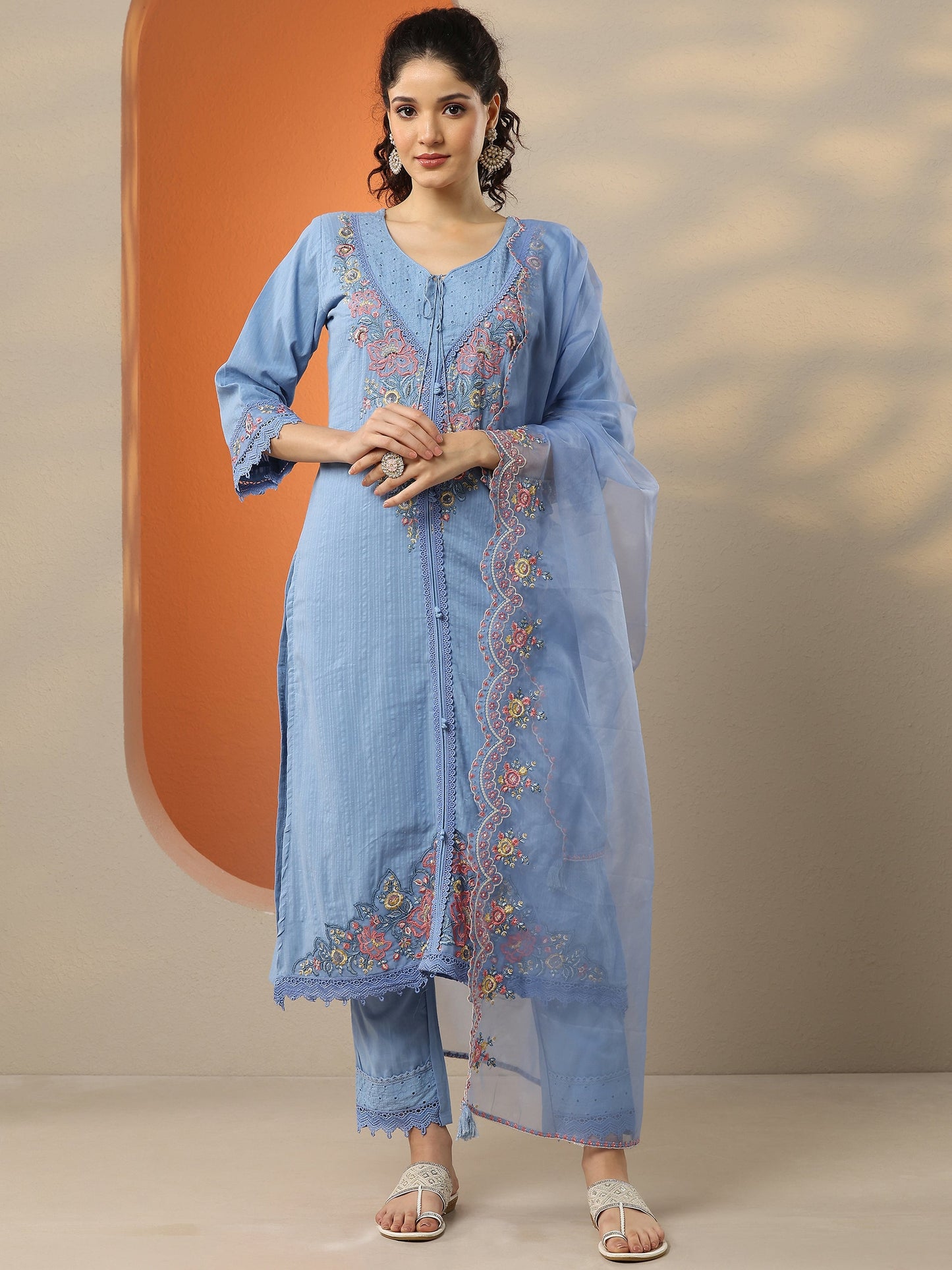 Blue Embroidered Cotton Straight Suit Set With Dupatta