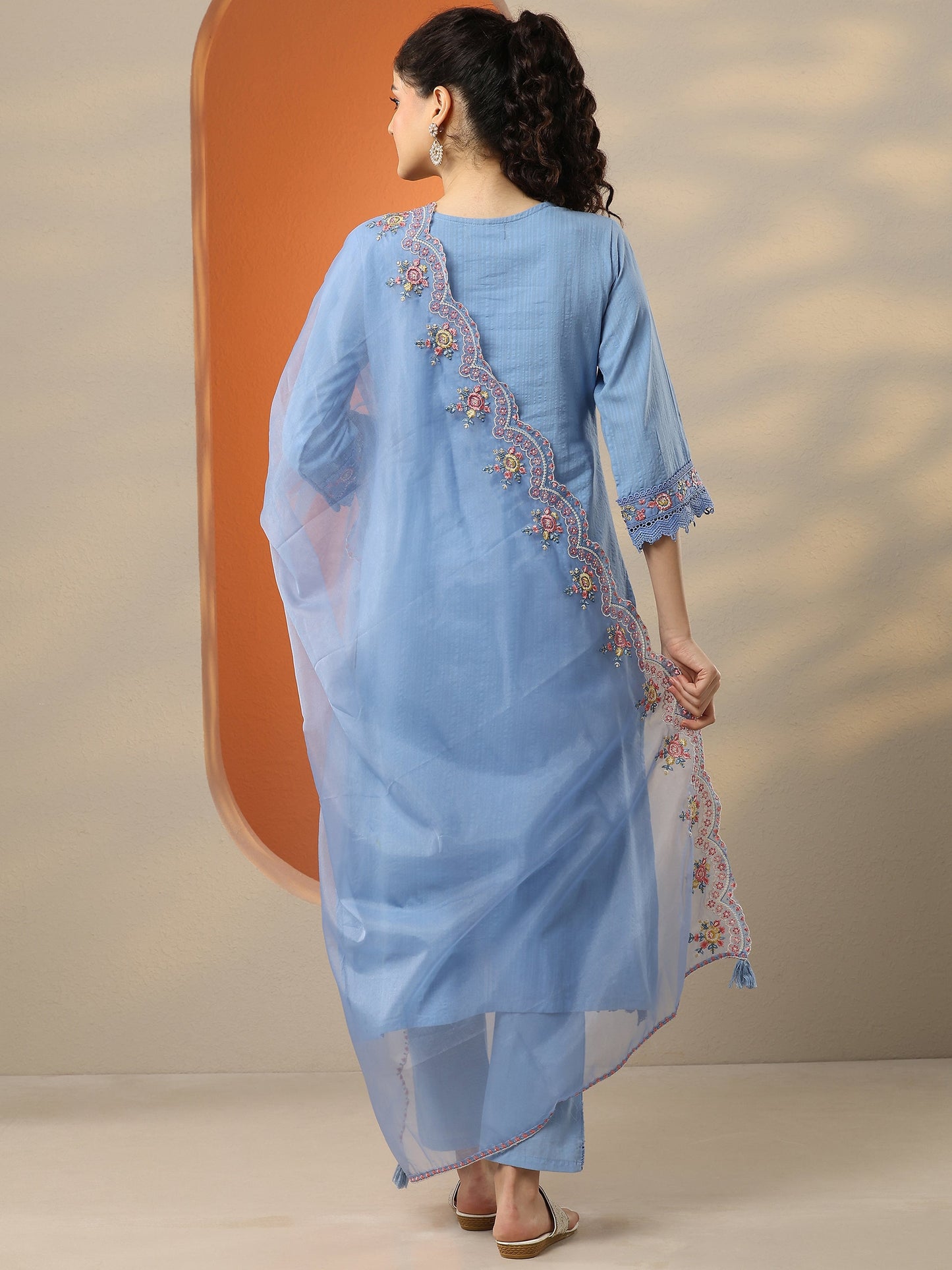 Blue Embroidered Cotton Straight Suit Set With Dupatta