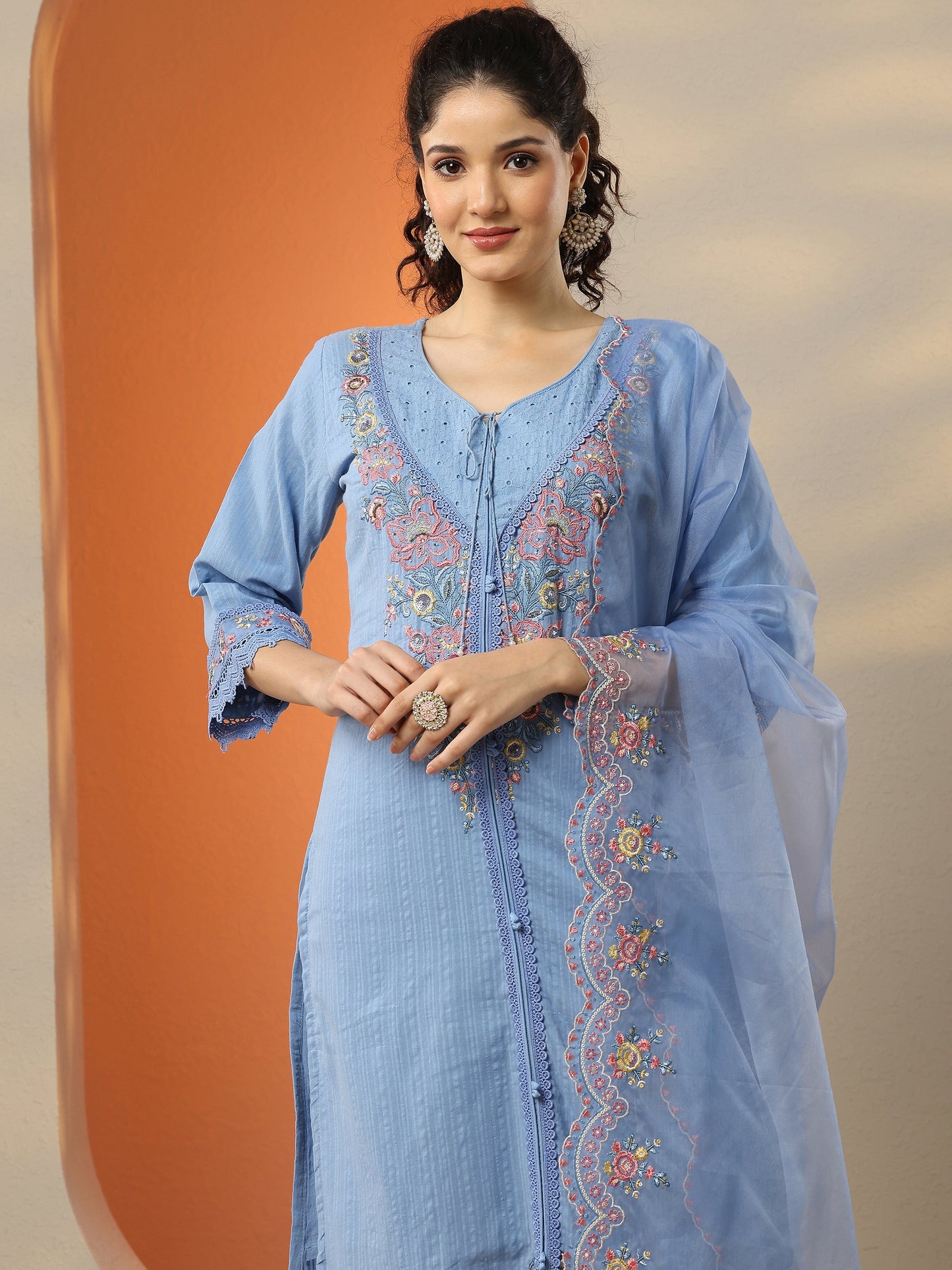 Blue Embroidered Cotton Straight Suit Set With Dupatta