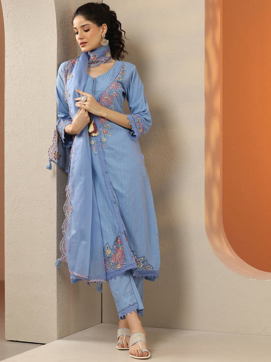 Blue Embroidered Cotton Straight Suit Set With Dupatta