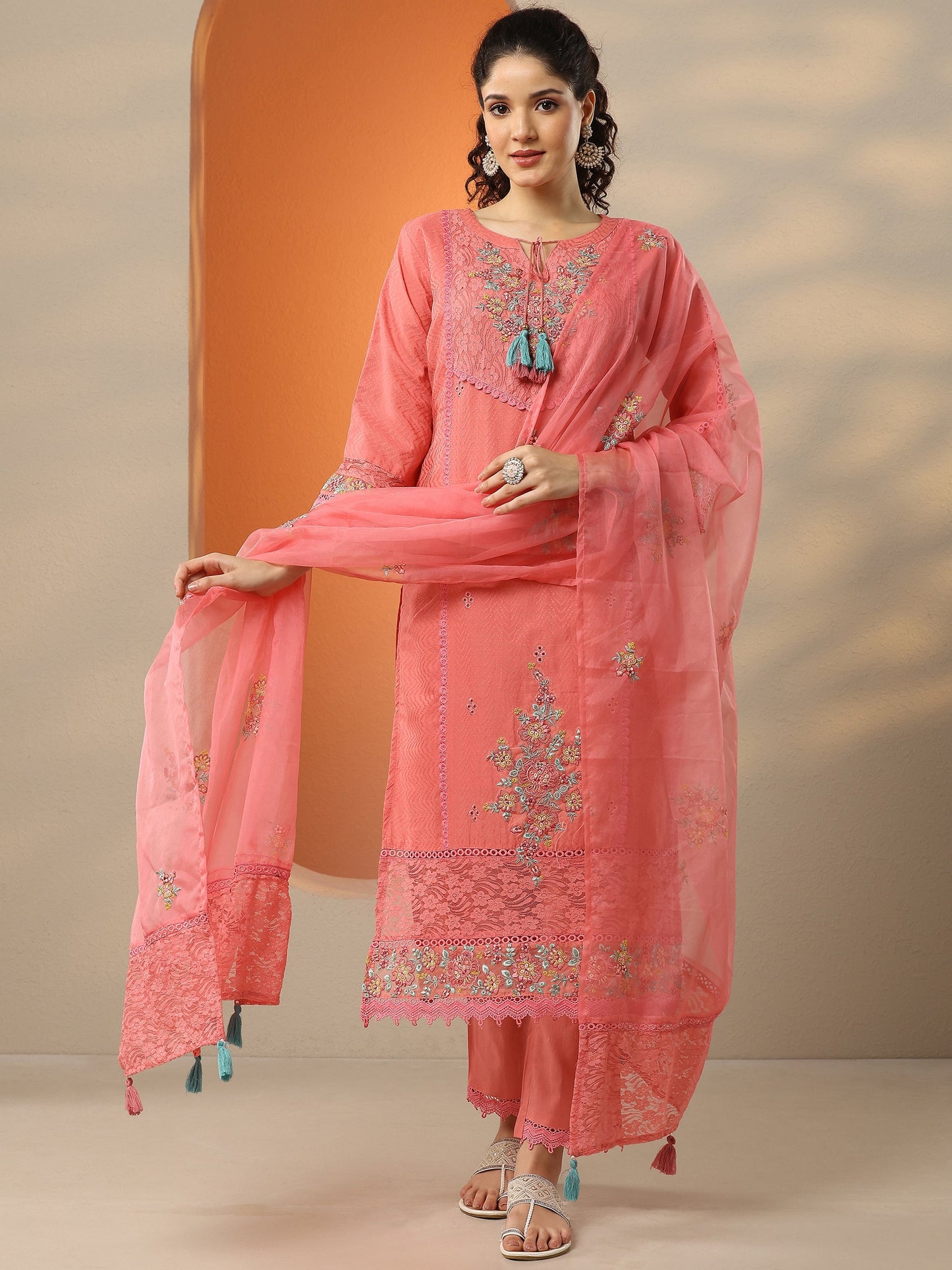 Coral Embroidered Cotton Straight Suit Set With Dupatta