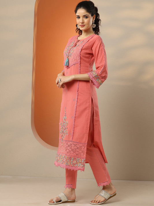 Coral Embroidered Cotton Straight Suit Set With Dupatta