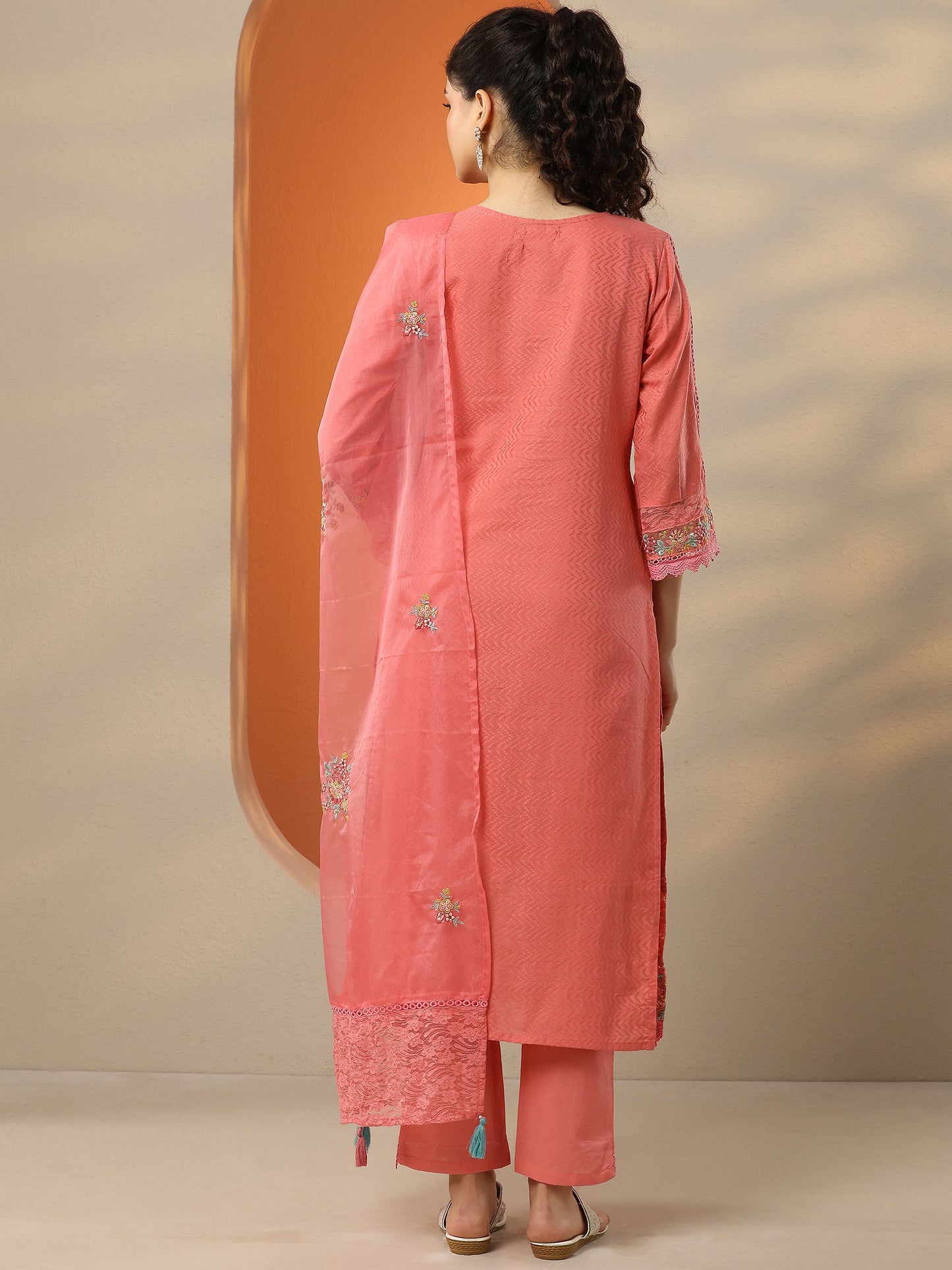 Coral Embroidered Cotton Straight Suit Set With Dupatta