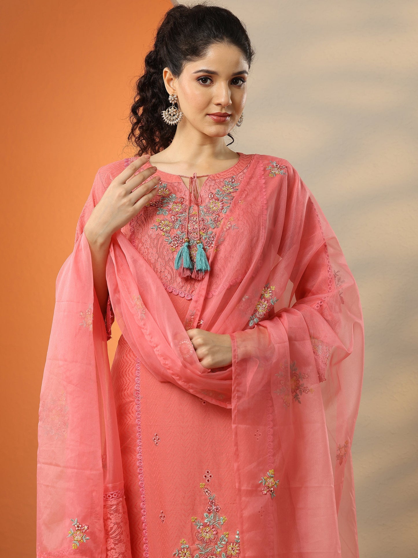 Coral Embroidered Cotton Straight Suit Set With Dupatta
