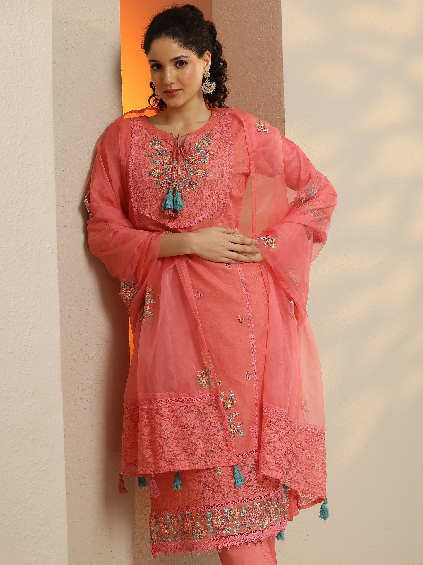 Coral Embroidered Cotton Straight Suit Set With Dupatta