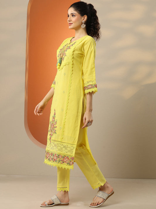 Yellow Embroidered Cotton Straight Suit Set With Dupatta
