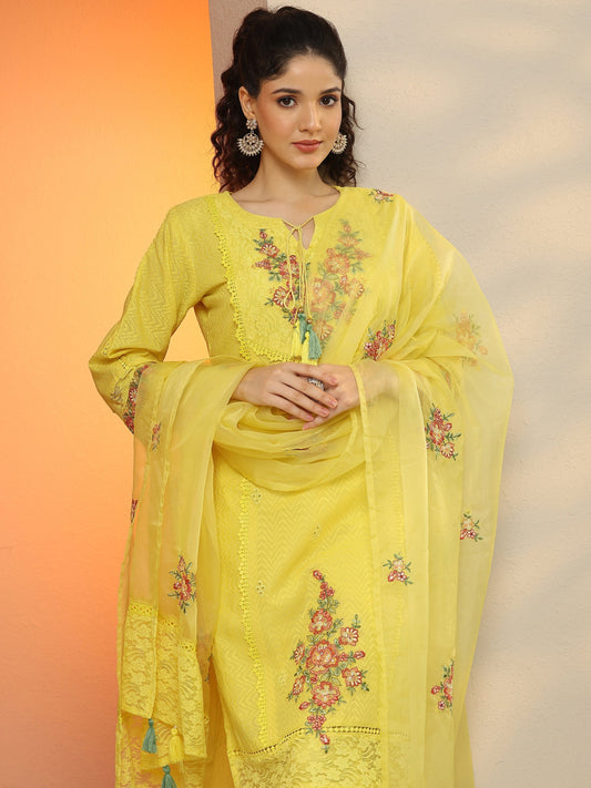 Yellow Embroidered Cotton Straight Suit Set With Dupatta