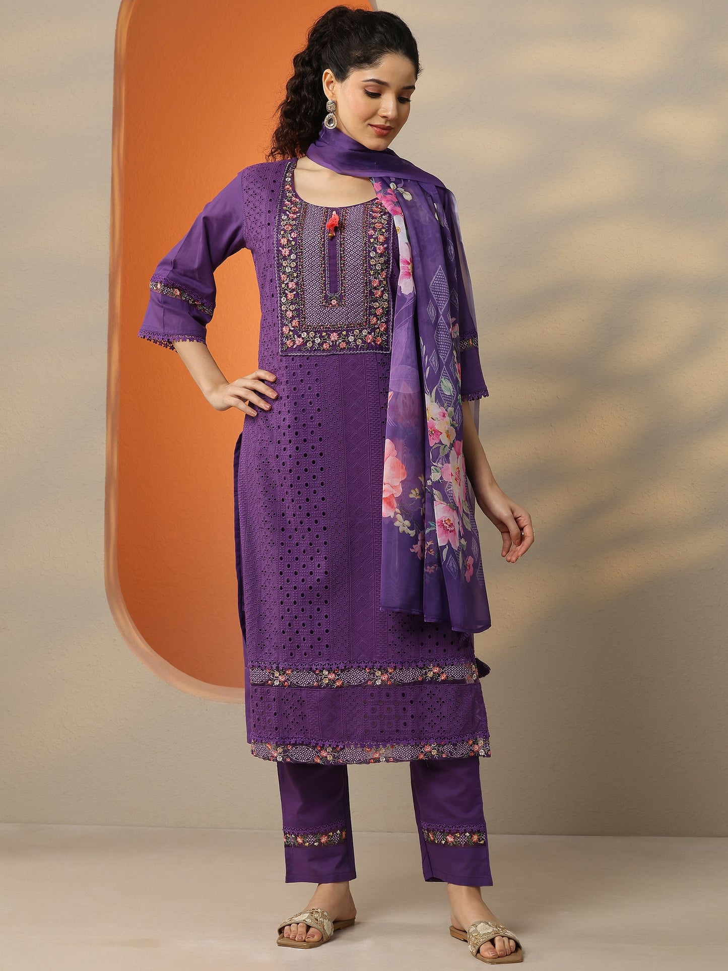 Purple Embroidered Cotton Straight Suit Set With Dupatta