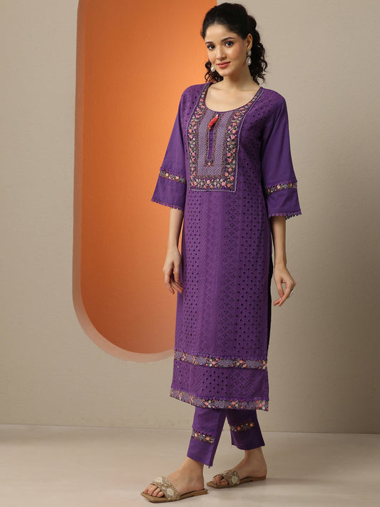 Purple Embroidered Cotton Straight Suit Set With Dupatta