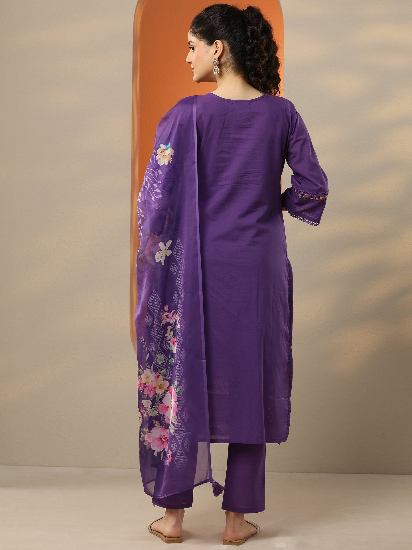 Purple Embroidered Cotton Straight Suit Set With Dupatta