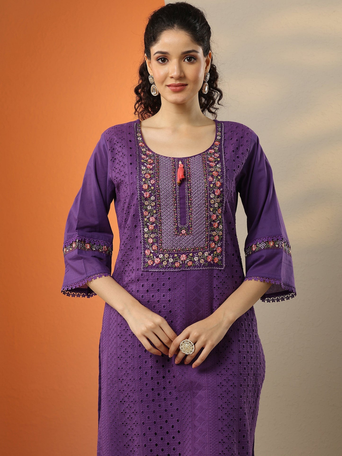 Purple Embroidered Cotton Straight Suit Set With Dupatta